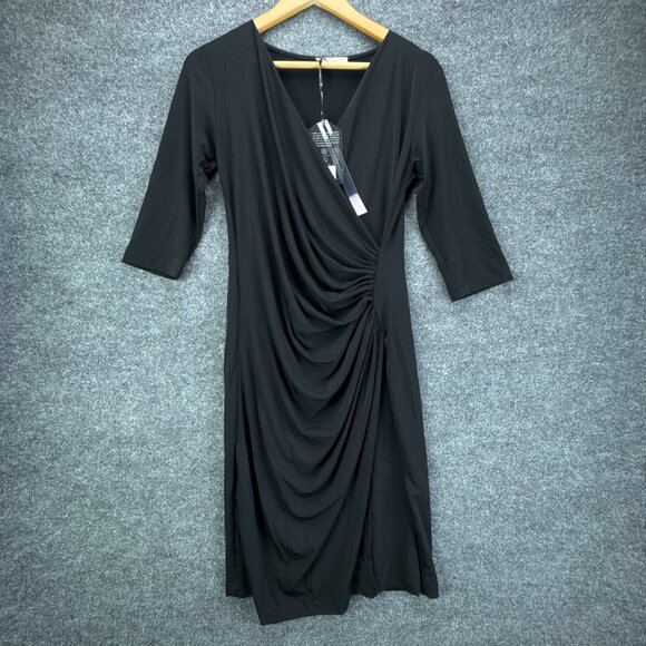 Anatomie Dresses & Skirts - **SOLD**Anatomie Marine Travel Dress Medium Black Form Fitting Ruched Faux Wrap